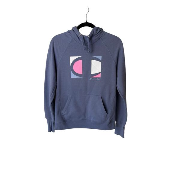 Champion Hoodie Womens S Powerblend Big C Logo Fleece Lined Raglan Sleeve Blue - Picture 1 of 9